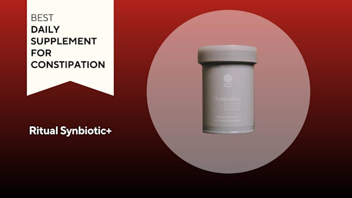 An image of a bottle of Ritual Synbiotic+ against a red background.